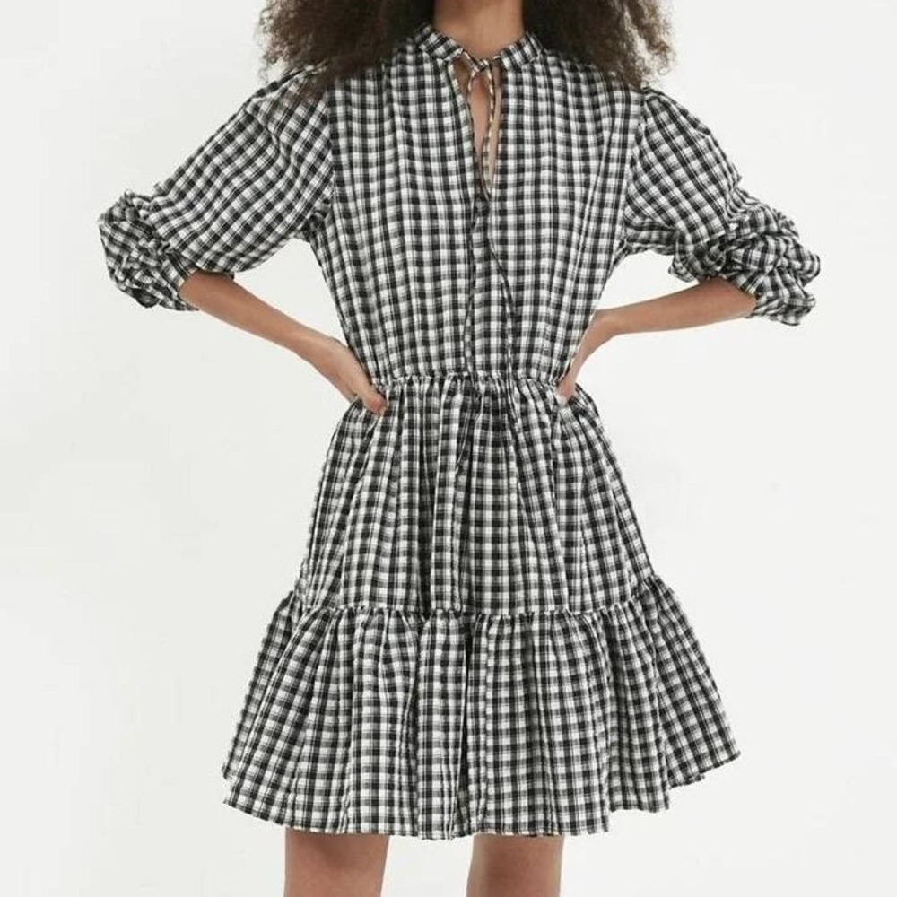 VICI Women's S Black White Gingham Button Down Keyhole Ruffle Mini Dress Cotton